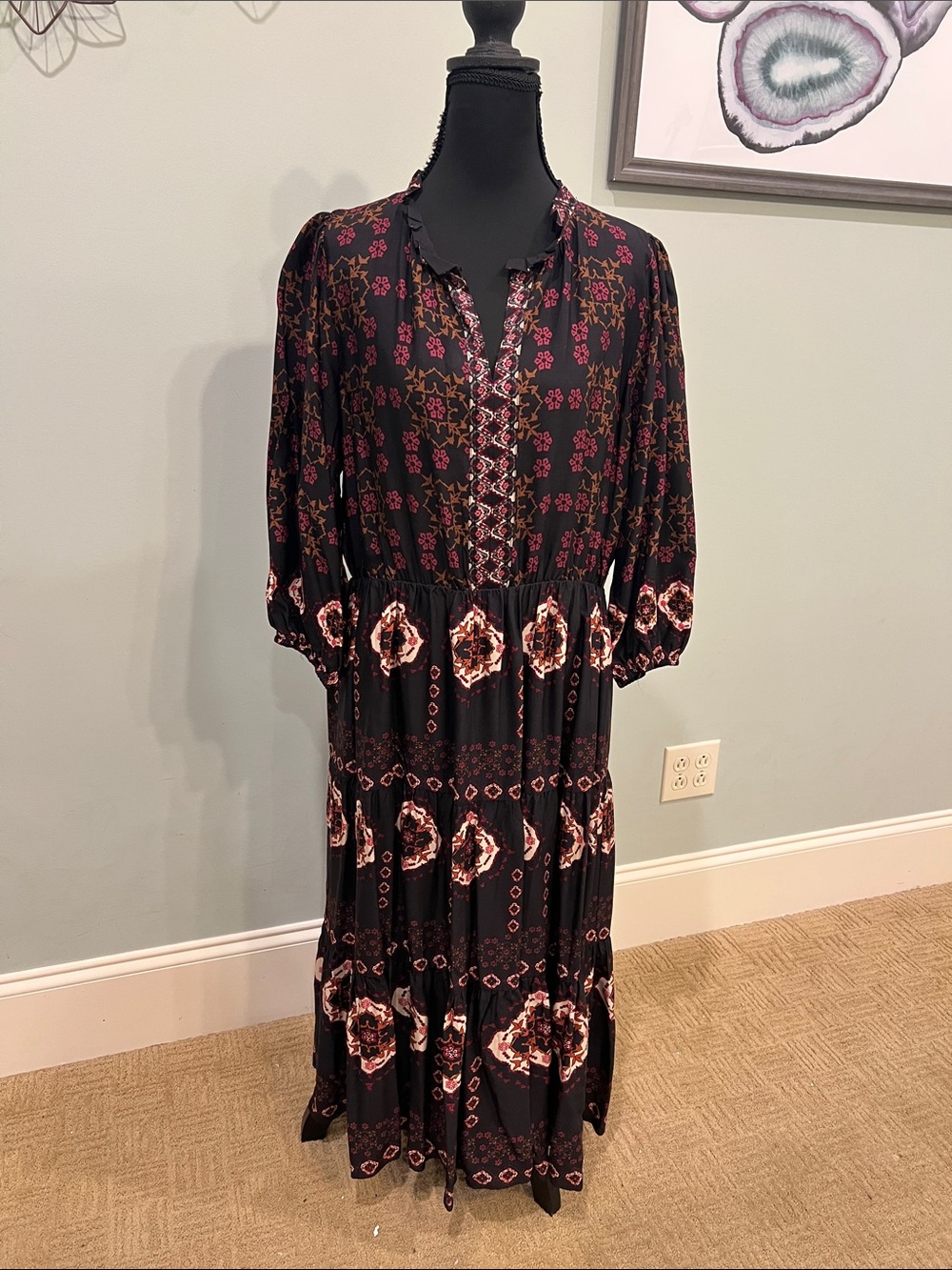 Philosophy Black Maxi Dress with Pink and Cream Medallion Print
